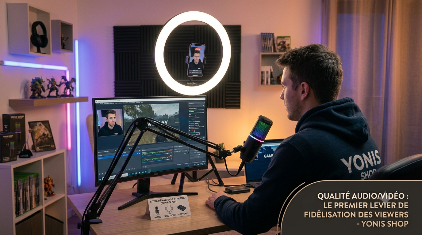 Un jeune streamer en pleine action, entouré d'un équipement professionnel : micro RVB, anneau lumineux et grand écran.